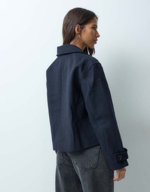 Mango Teen wool mix cropped trench in navy, 2 of 4