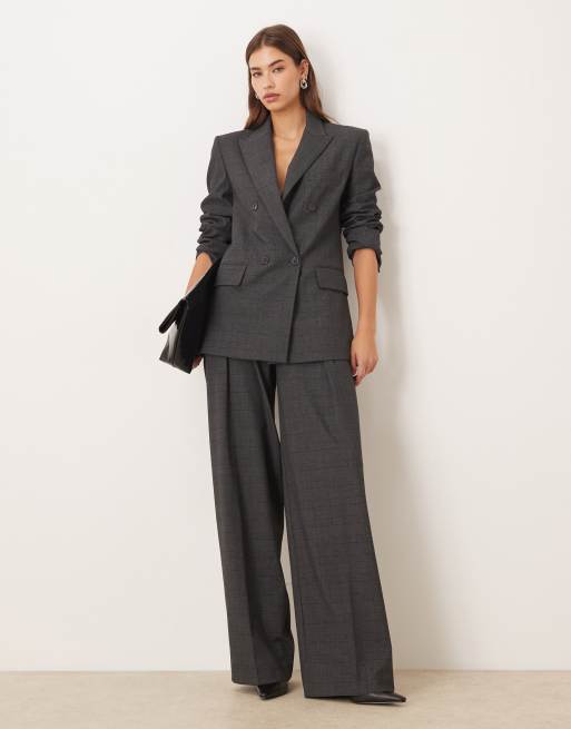 Mango - Teriyaki - Coordinato con pantaloni e blazer doppiopetto sartoriale oversize grigio a quadri