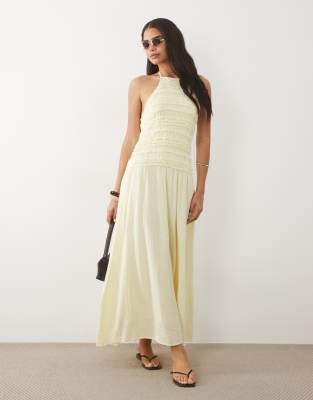 Mango Textured Halterneck Maxi Dress In Yellow