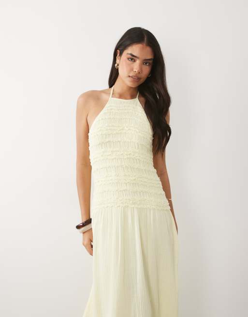 Mango textured halterneck maxi dress in pastel yellow, 2 of 4