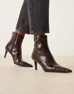 Mango Textured Leather Look Pointed Heeled Boot In Red