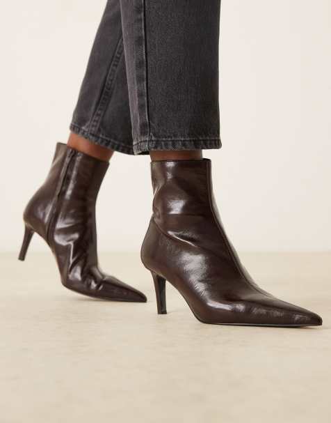 Mango textured leather look pointed heeled boot in cherry red - view 1