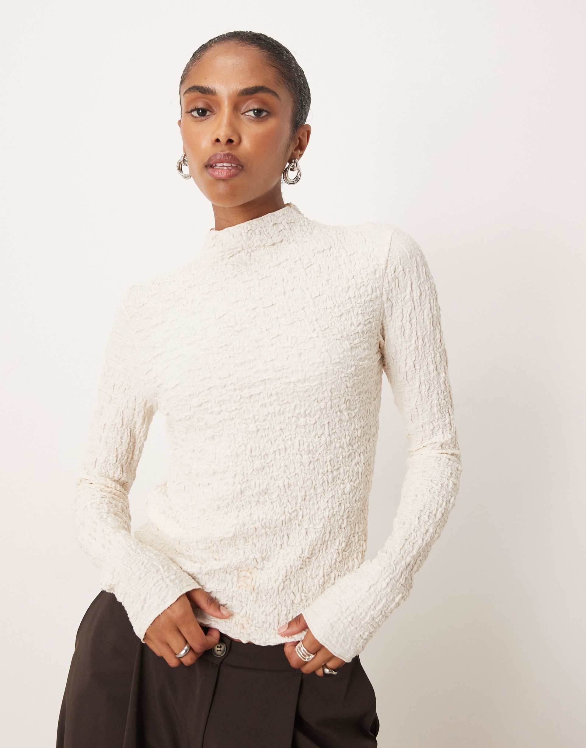 mango textured long sleeve top in beige