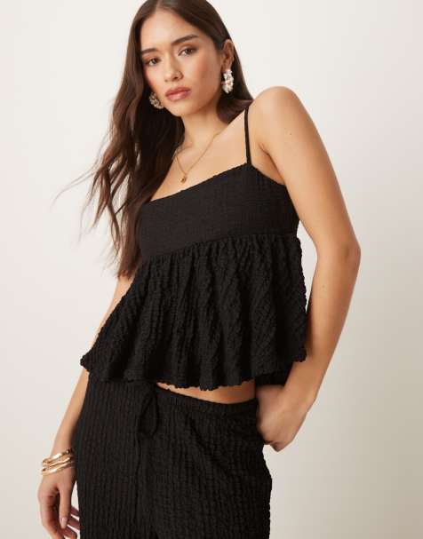 Mango textured peplum open back cami top co-ord in black - view 1