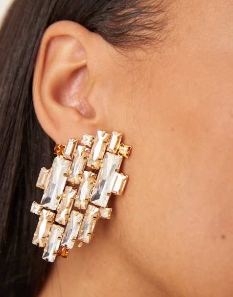 Mango textured rhinestone stud earrings in gold - view 1