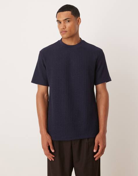 Mango textured rib knit t-shirt in navy - view 1