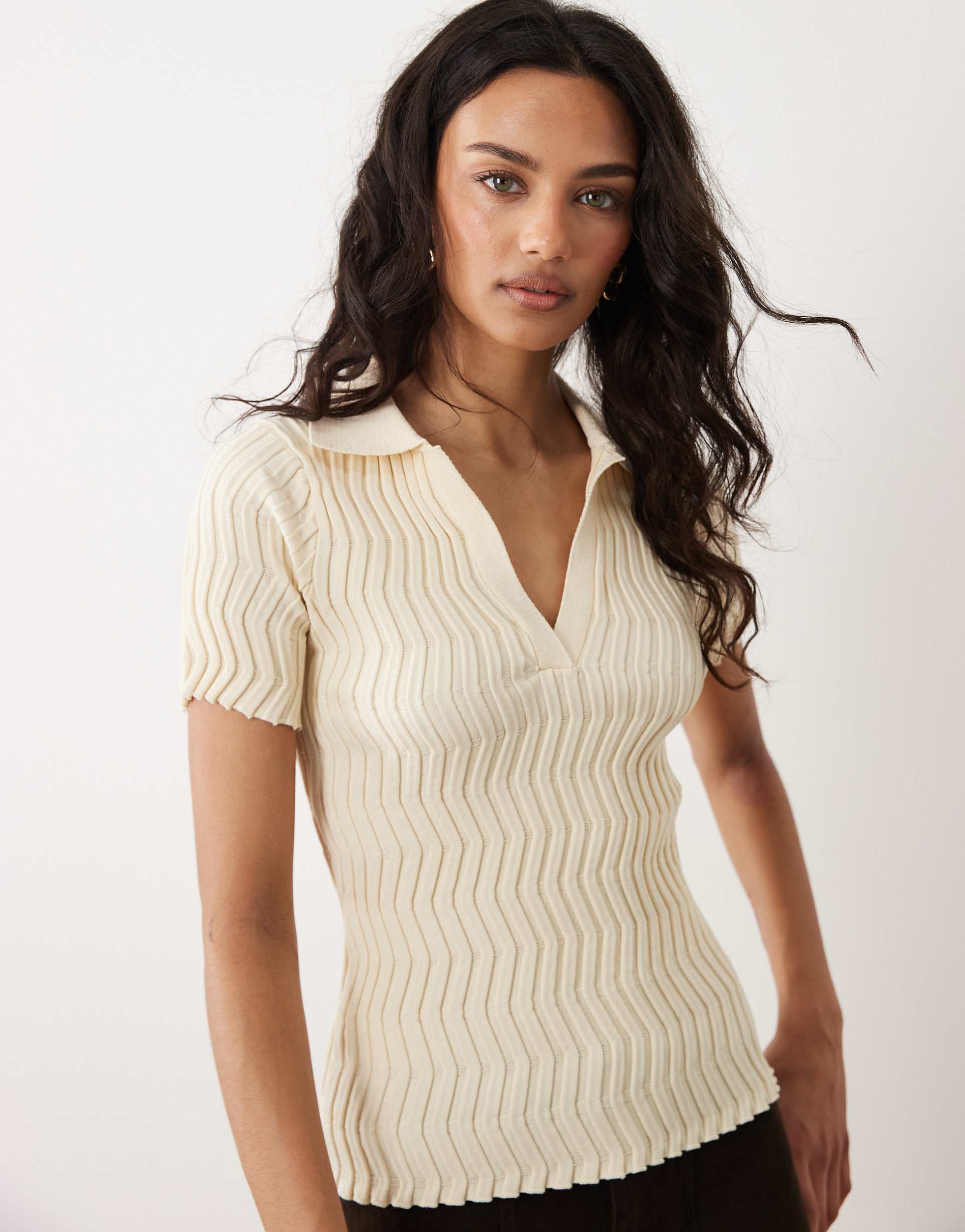 mango textured short sleeve polo top in cream