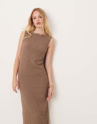 Mango Textured Sleeveless Midi Dress In Brown