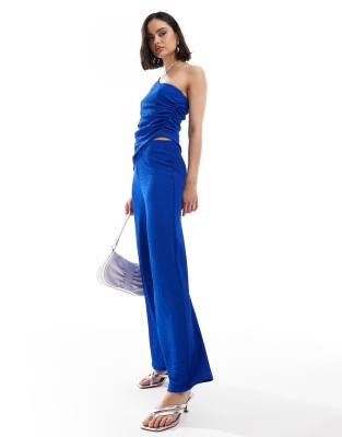 textured straight leg pants in bright blue - part of a set