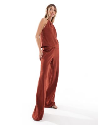 textured straight leg pants in red - part of a set