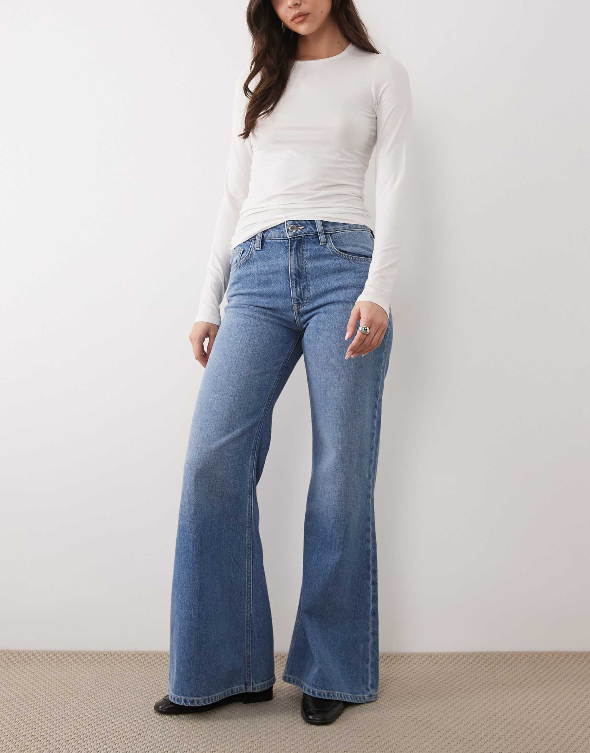 mango theita 100% cotton flare jeans in mid blue