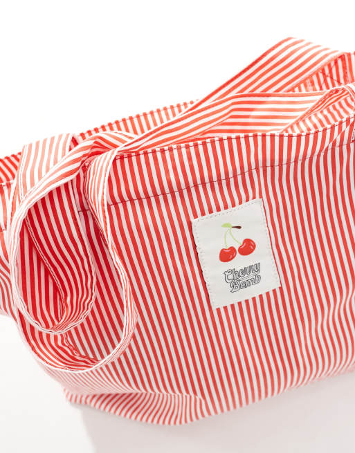 Mango thin stripe cherry detail tote bag in red and white, 4 of 4