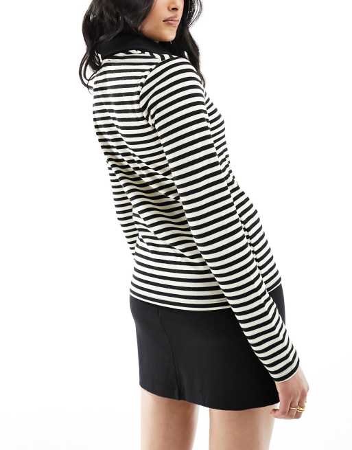 Mango thin stripe polo top in black, 4 of 4