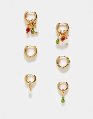 Mango three pack earrings in gold with beaded details