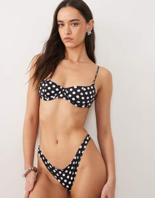 Mango Tie Back Polka Dot Bikini Top In Black