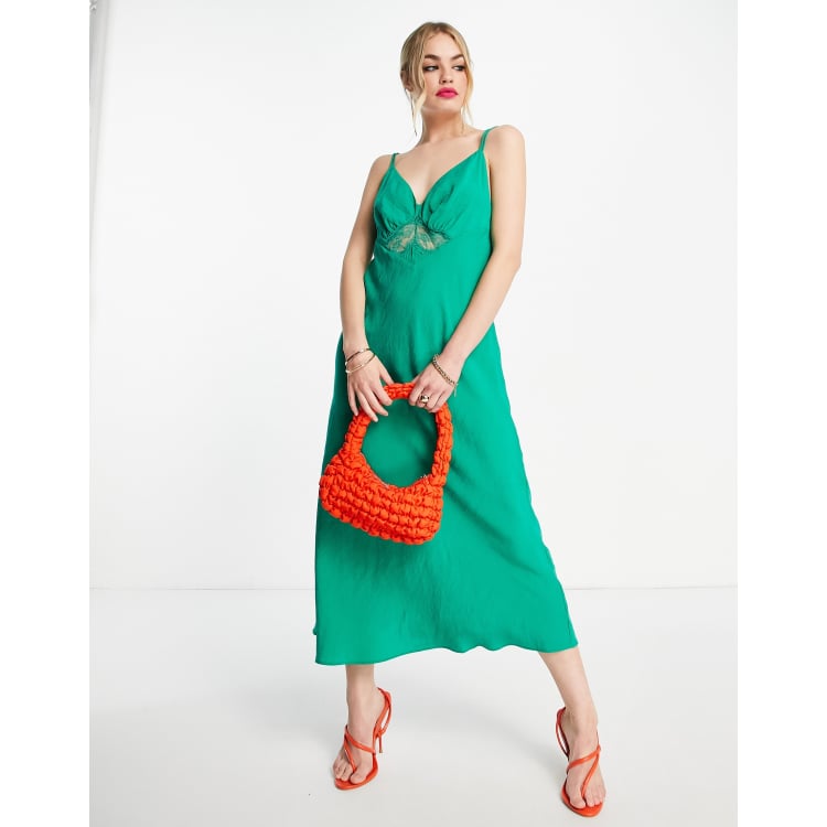 Mango tie detail lace insert satin midi dress in green ASOS