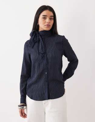 Mango Tie Detail Long Sleeve Blouse In Blue
