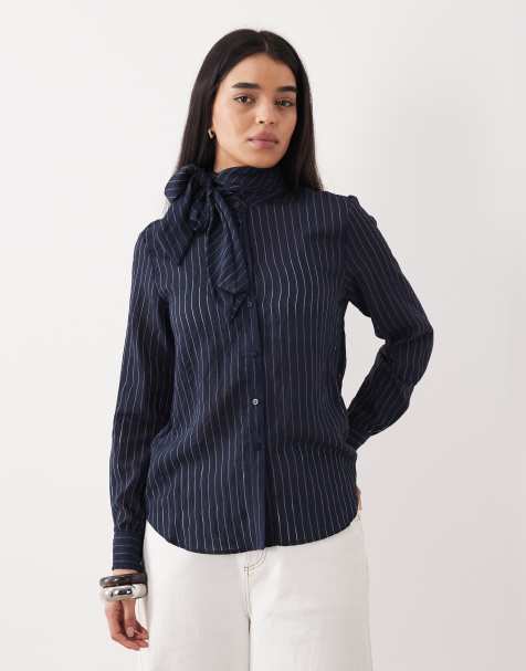Mango tie detail long sleeve blouse in navy pinstripes - view 1