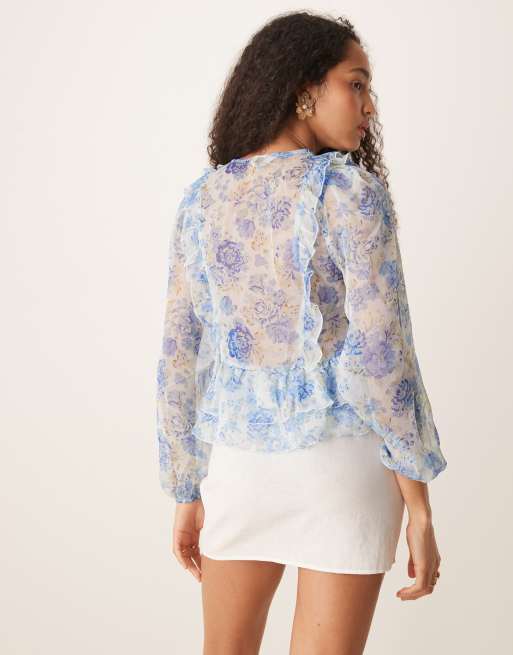 Mango tie detail long sleeve flouncy floral print blouse with ruffle details in pastel blue, 3 of 4