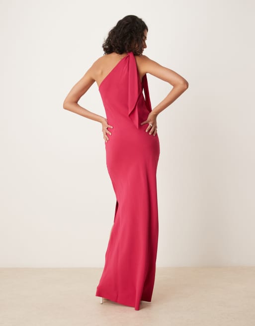 Mango tie detail one shoulder maxi dress in bright pink