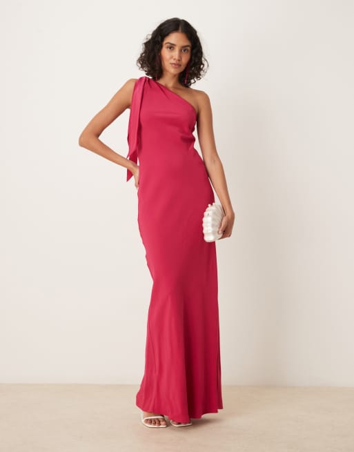 Mango tie detail one shoulder maxi dress in bright pink