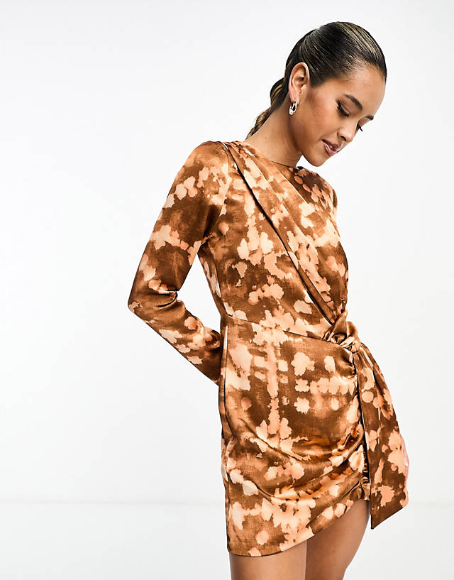 Mango - tie detail print dress in brown