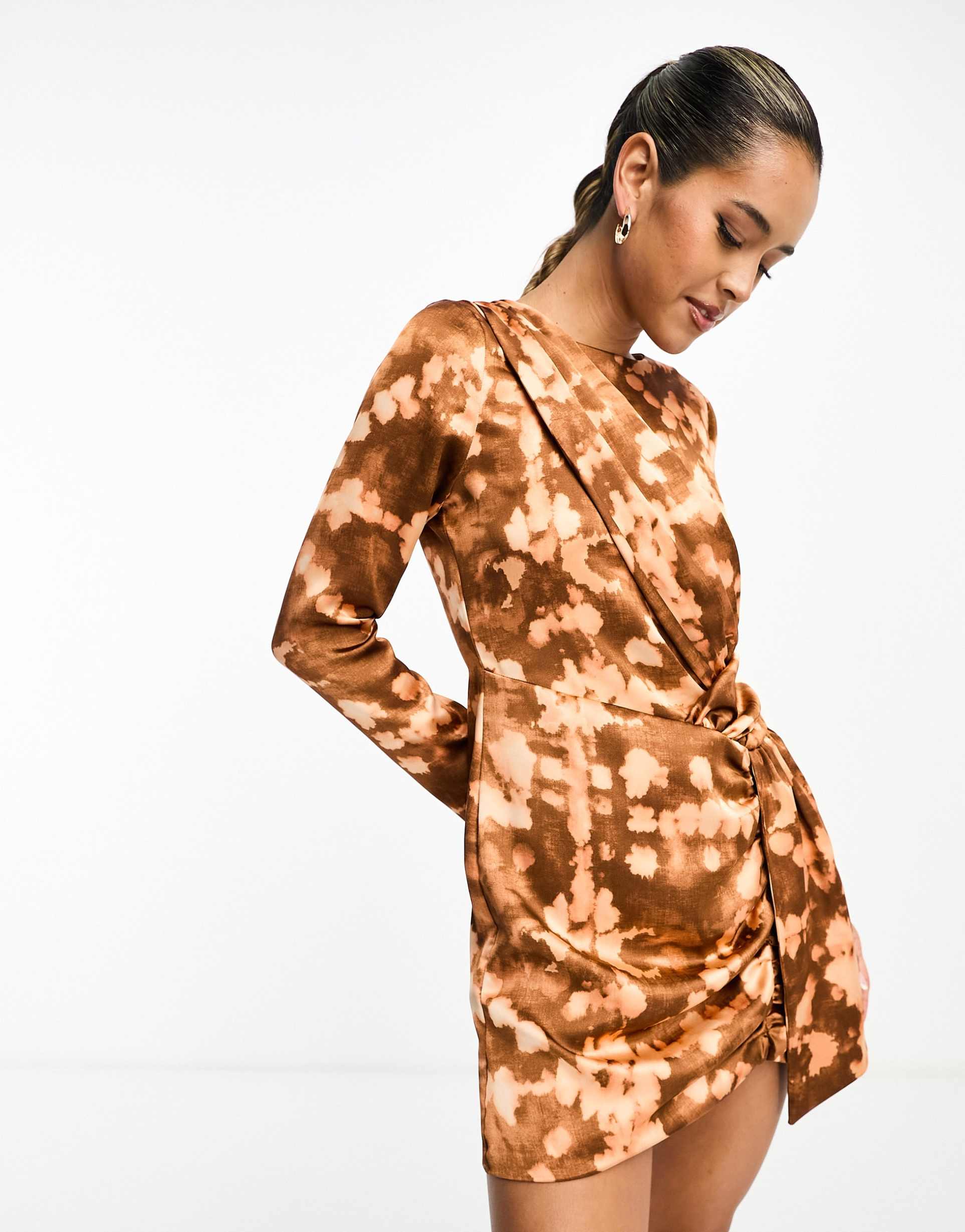 mango tie detail print dress in brown