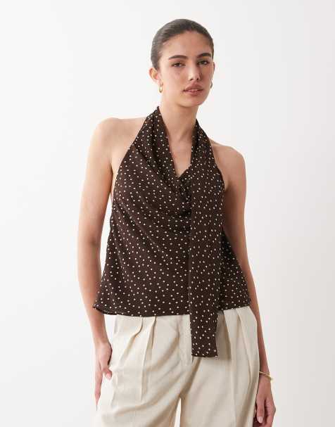 Mango tie detail vest top in brown polka dot - view 1