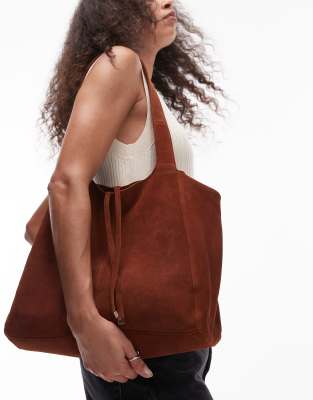 Mango Tie Detail Zip Through Suede Tote Bag In Orange