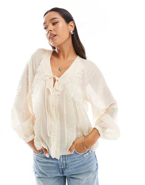 Mango tie front boho blouse in white - view 1