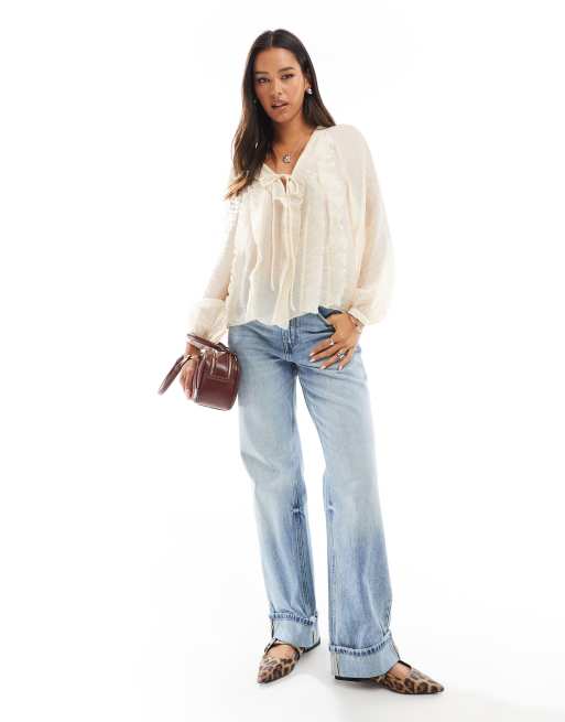 Mango tie front boho blouse in white, 3 of 4