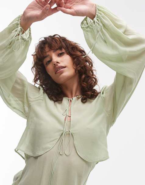 Mango tie front cape layer top in pale green - view 1