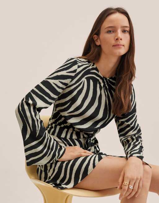 Mango tie front detail mini dress in monochrome zebra print, 4 of 4