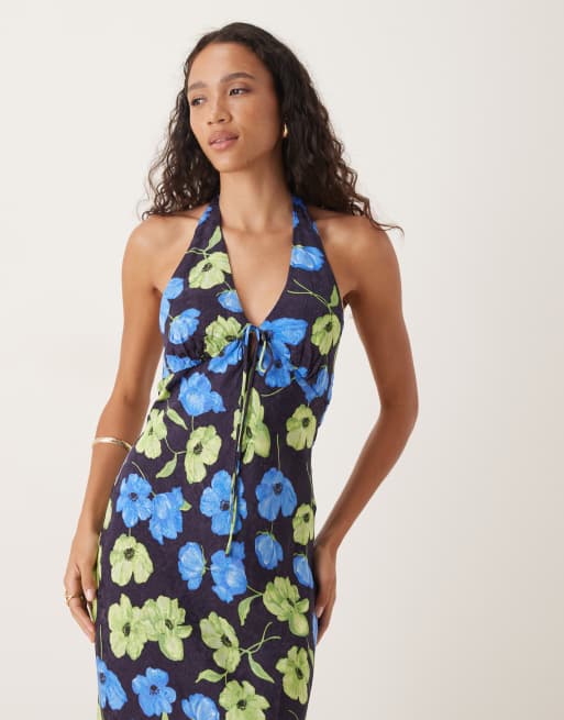 Mango tie front halterneck maxi dress in floral print | ASOS