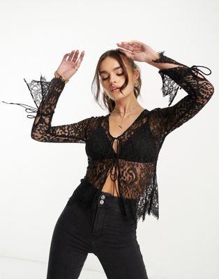 Mango x Camille tie front lace blouse in black