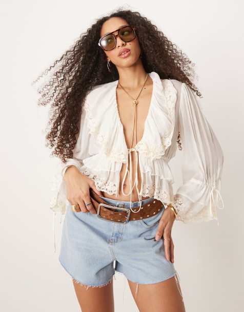 Mango tie front lace boho blouse in white - view 1