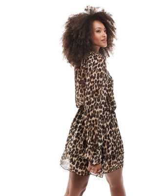 mango tie front leopard print mini dress in brown