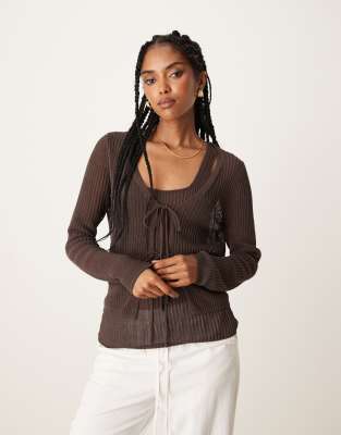 Mango Rib Tie Front Cotton Blend Cardigan In Brown