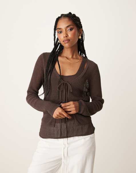 Mango tie front lightweight cardigan in chocolate - view 1
