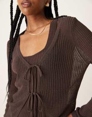 Mango Rib Tie Front Cotton Blend Cardigan In Brown