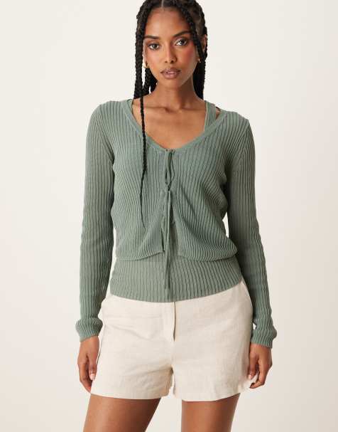 Mango tie front lightweight cardigan in sage green