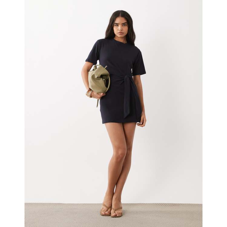 t shirt dress tie front MANGO - Cotton dress with side tie navy