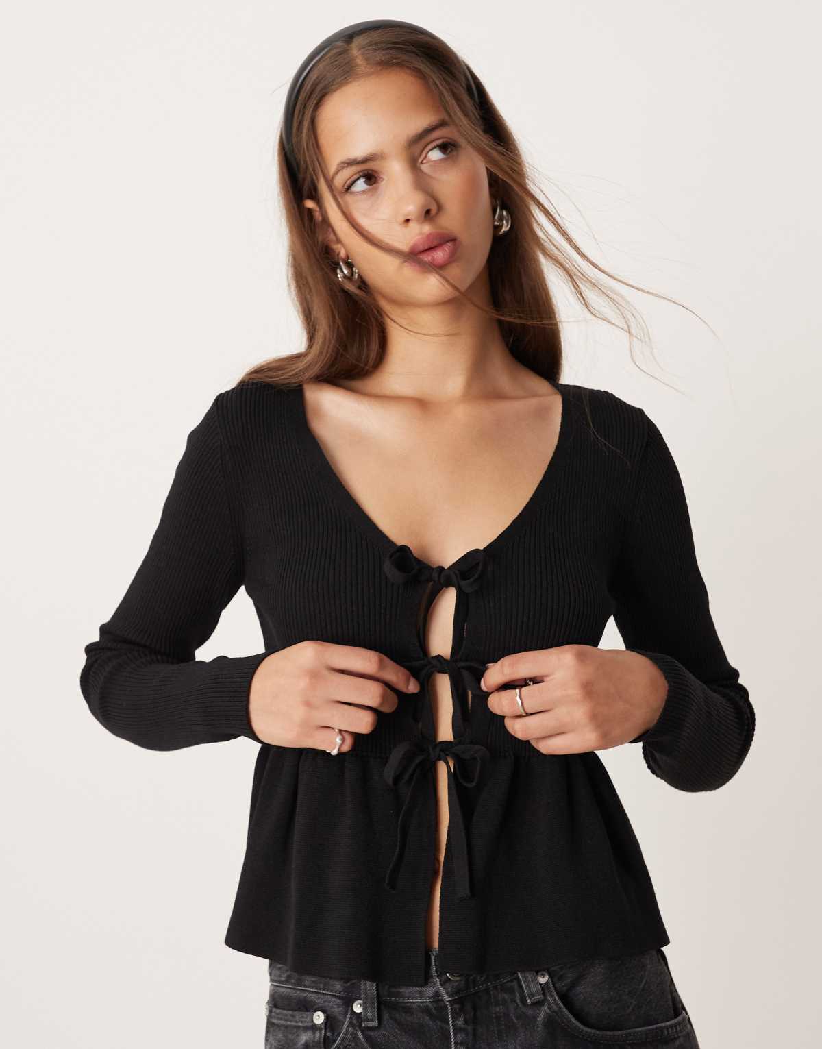 Mango tie front peplum hem cardigan in black