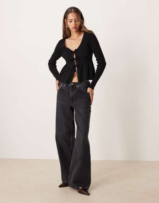 Mango tie front peplum hem cardigan in black