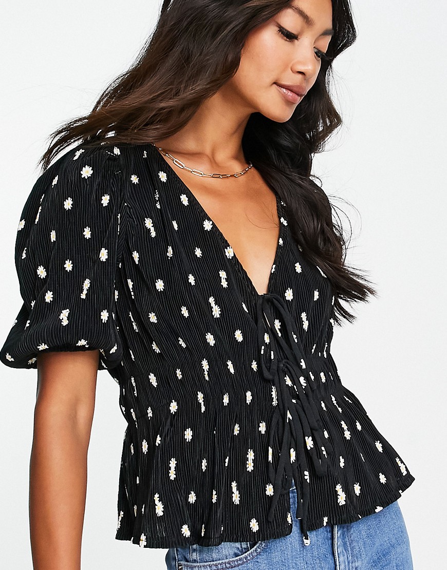 Mango tie front plisse blouse in black polka dot - part of a set