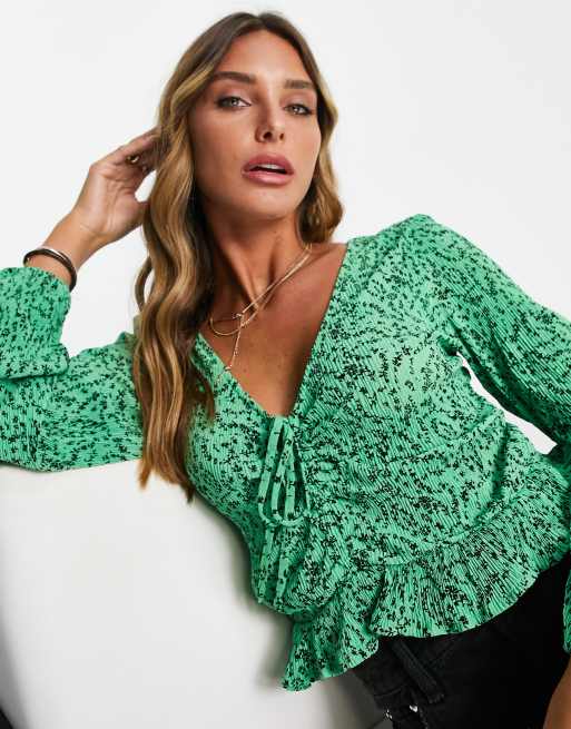Mango tie front plisse blouse in green floral print ASOS