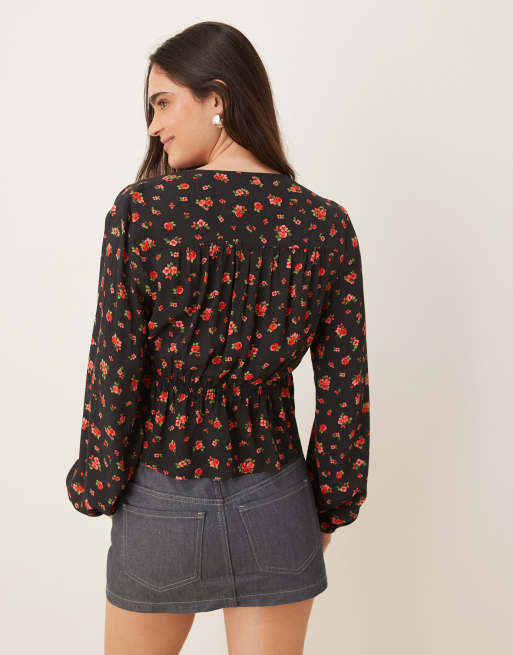 Mango tie front rose print blouse in black, 4 of 4