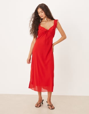 Mango tie front ruffle sleeve midi dress in red