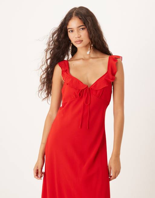 Mango tie front ruffle sleeve midi dress in red ASOS
