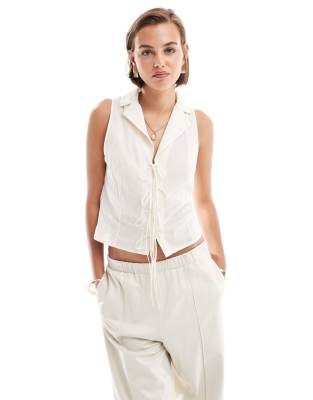 Mango Mango tie front sleeveless blouse in white